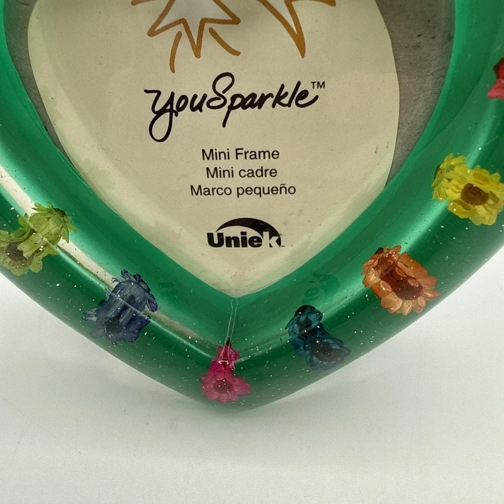 Vtg Uniek Y2K Green Sparkle Heart Frame Floral Accents Glitter Mini Frame